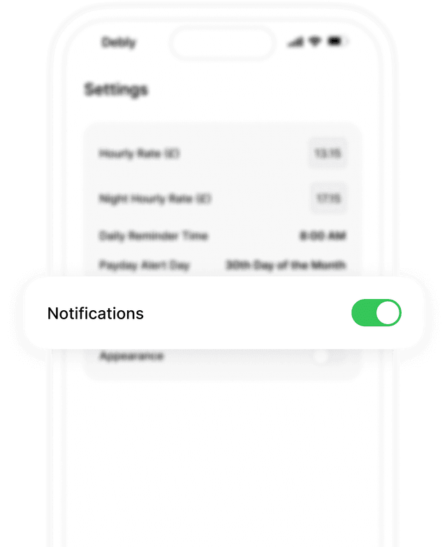 Debly app settings screenshot