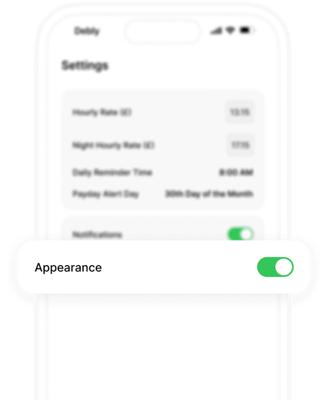 Debly app settings screenshot