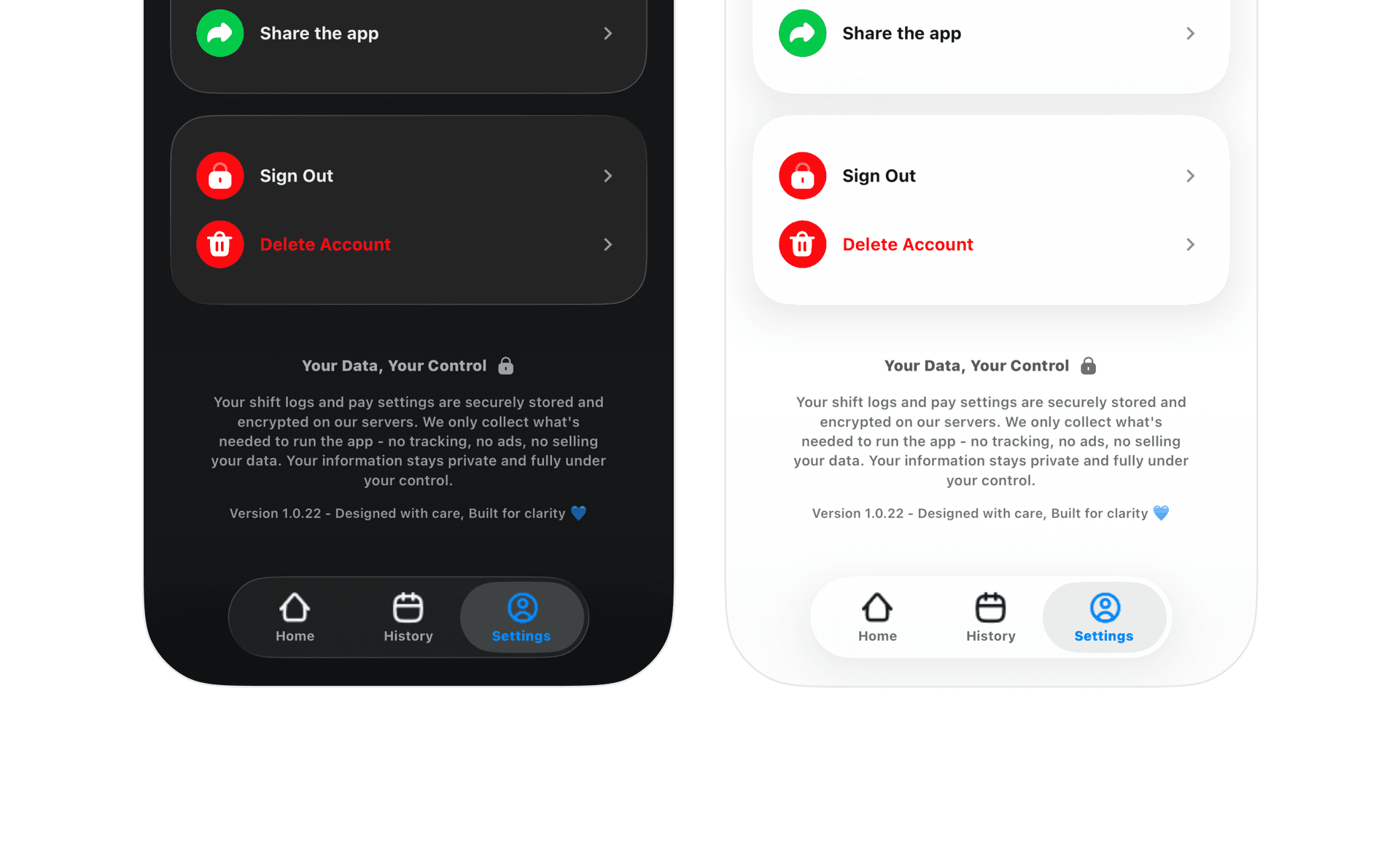 Debly Settings screen showing the Delete Account option